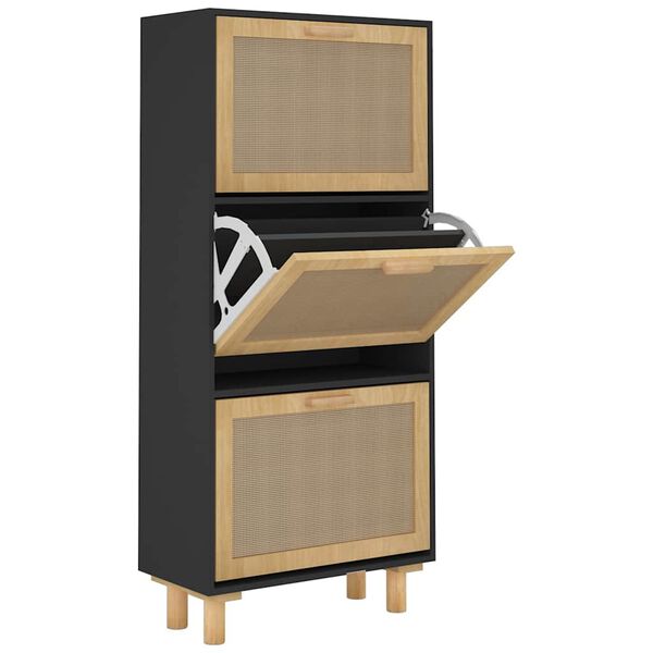 vidaXL Shoe Cabinet Black 52x25x115 cm Engineered Wood&Natural Rattan