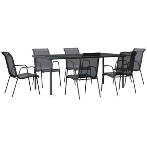 vidaXL 7 Piece Garden Dining Set Black Steel and Textilene