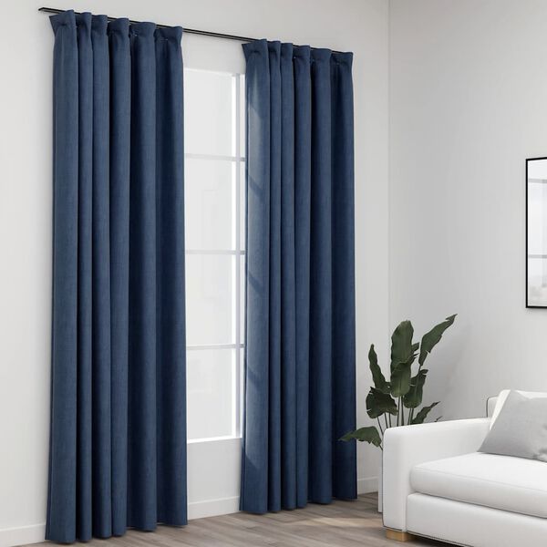 vidaXL Linen-Look Blackout Curtains with Hooks 2 pcs Blue 140x225 cm