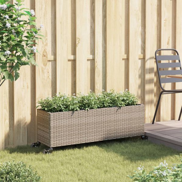 vidaXL Garden Planter with Wheels and 3 Pots Grey 107x32x38 cm Poly Rattan