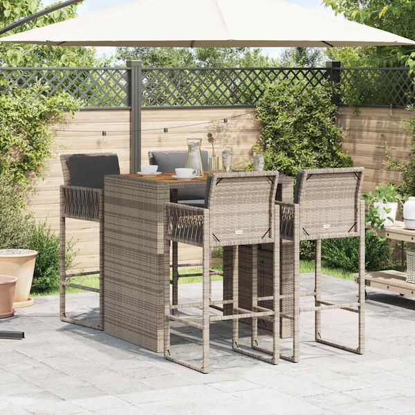 vidaXL 5 Piece Garden Bar Set with Cushions Grey Poly Rattan Acacia