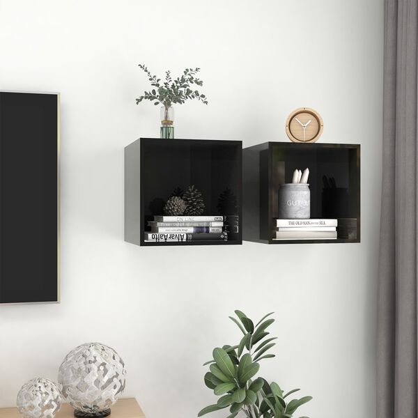 vidaXL Wall Cabinets 2 pcs High Gloss Black 37x37x37 cm Engineered Wood