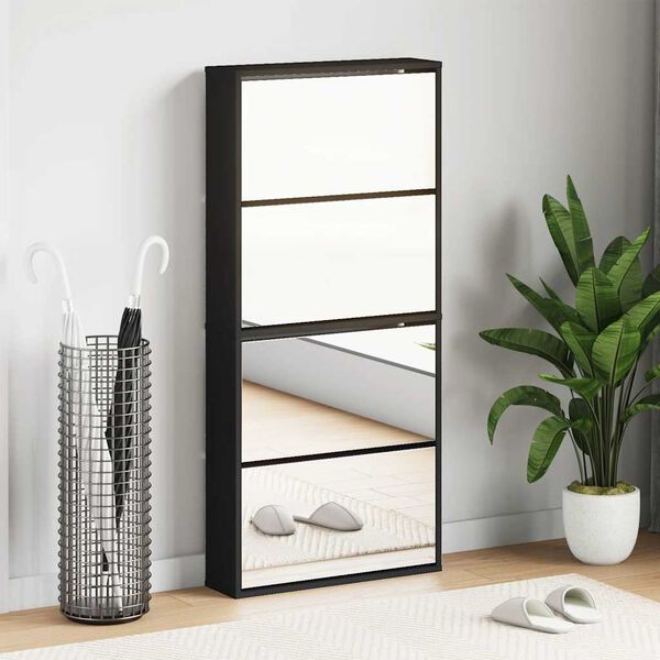 vidaXL Shoe Cabinet with Mirror 4-Layer Black 63x17x134 cm