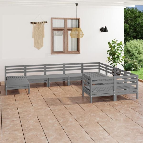 vidaXL 10 Piece Garden Lounge Set Grey Solid Wood Pine