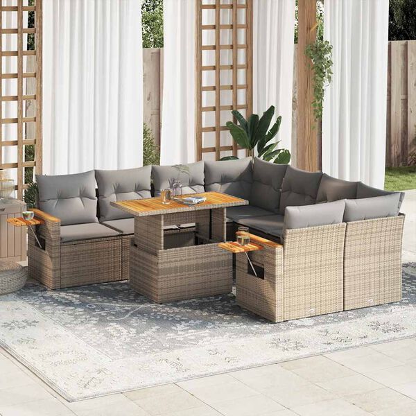 vidaXL 9 Piece Garden Sofa Set with Cushions Beige Poly Rattan Acacia