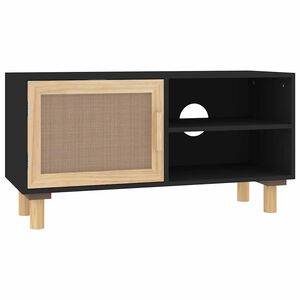 vidaXL TV Cabinet Black 80x30x40 cm Solid Wood Pine and Natural Rattan