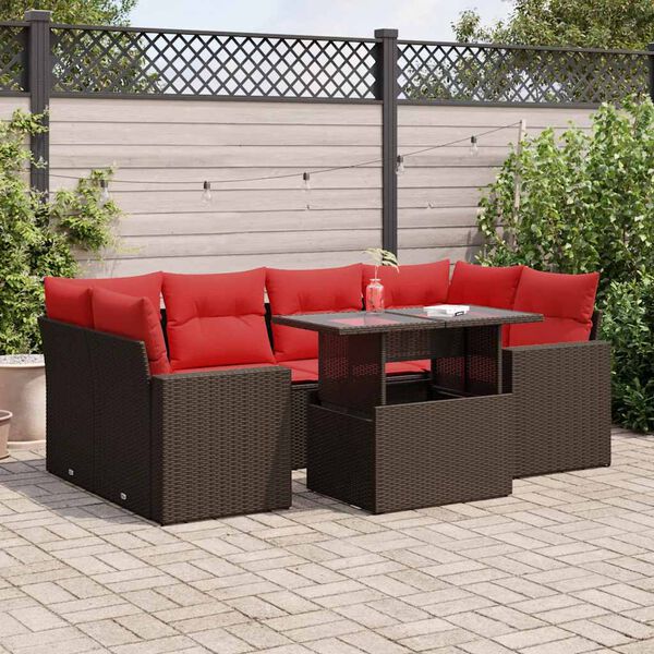 vidaXL 7 Piece Garden Sofa Set with Cushions Brown Poly Rattan Acacia