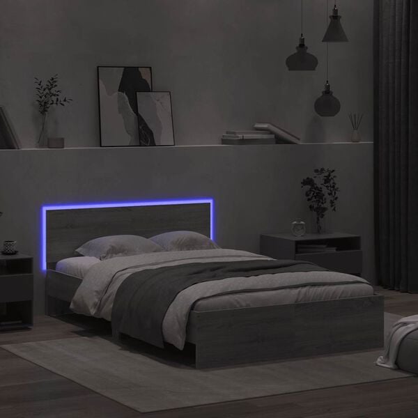 vidaXL Bed Frame with Headboard and LED Grey Sonoma 120x190 cm Small Double