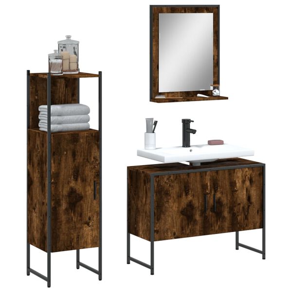 vidaXL 3 Piece Bathroom Cabinet Set Smoked Oak Engineered Wood