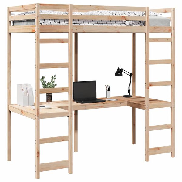 vidaXL Loft Bed Frame Natural 90 x 200 cm Solid Pine Wood