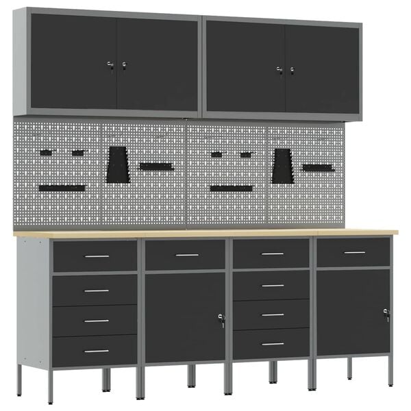 vidaXL Work Cabinet with Drawer 10 pcs Black Engineered Wood and Steel