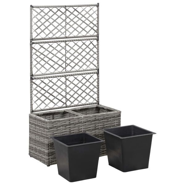 vidaXL Trellis Raised Bed with 2 Pots 58x30x107 cm Poly Rattan Grey