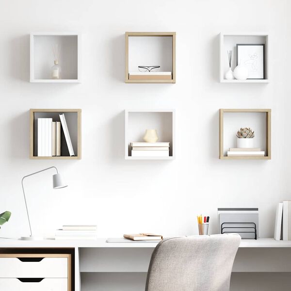 vidaXL Wall Cube Shelves 6 pcs White and Sonoma Oak 26x15x26 cm