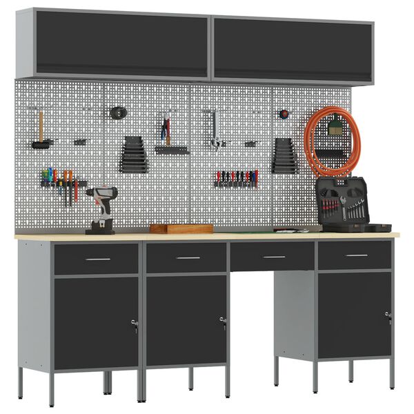 vidaXL Work Bench with Drawer 10 pcs Black 200 x 55 x 200 cm Steel