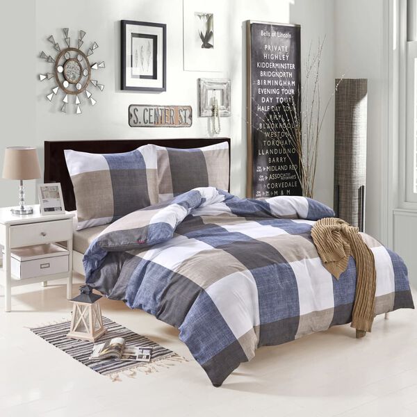 vidaXL Duvet Cover Set Check Print Coffee 200x200/60x70 cm