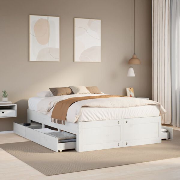 vidaXL Bed Frame without Mattress with Drawers White 150x200 cm King Size Solid Wood Pine