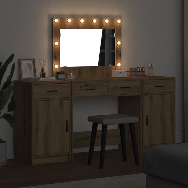 vidaXL Dressing Table with Mirror Lights 3 pcs Brown Engineered Wood