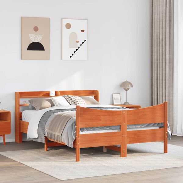 vidaXL Bed Frame with Headboard Wax Brown 150x200 cm King Size Solid Wood Pine