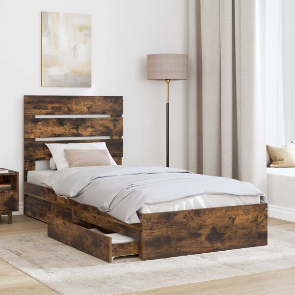 vidaXL Storage Bed with Drawer Smoked Oak 90 x 190 cm Engineered Wood