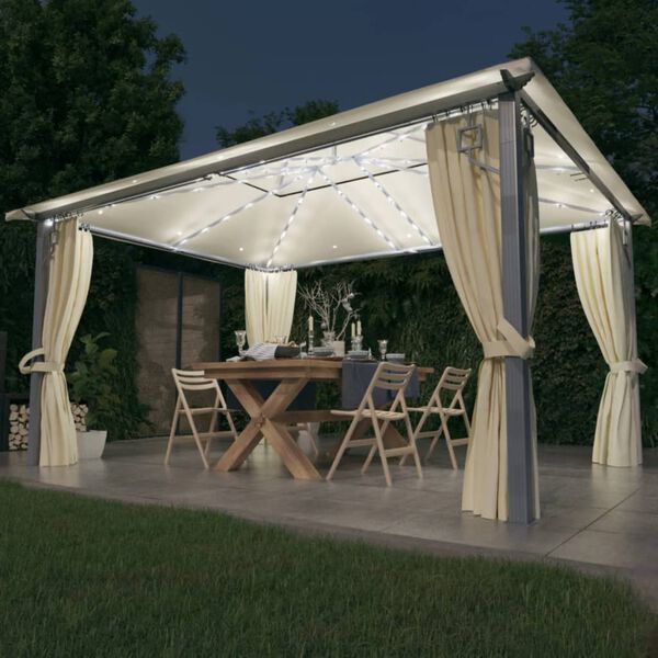 vidaXL Gazebo with Curtain&LED String Lights 4x3 m Cream Aluminium