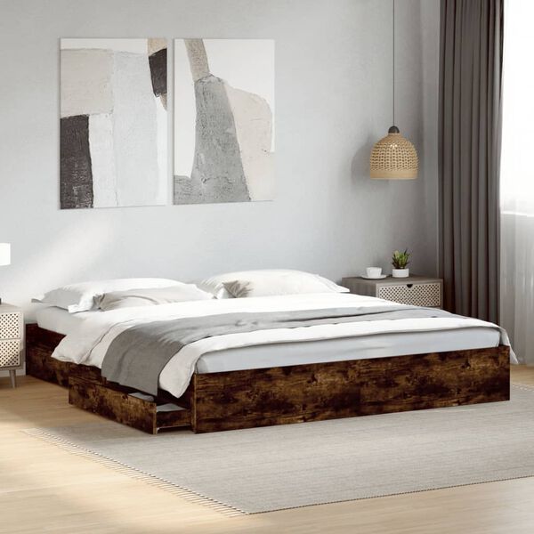 vidaXL Bed Frame with Drawers without Mattress Smoked Oak 180x200 cm Super King