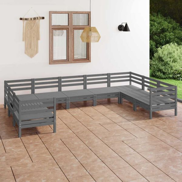 vidaXL 9 Piece Garden Lounge Set Grey Solid Wood Pine