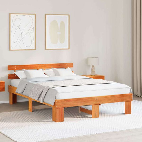 vidaXL Bed Frame with Headboard Wax Brown 140 x 200 cm Solid Pine Wood
