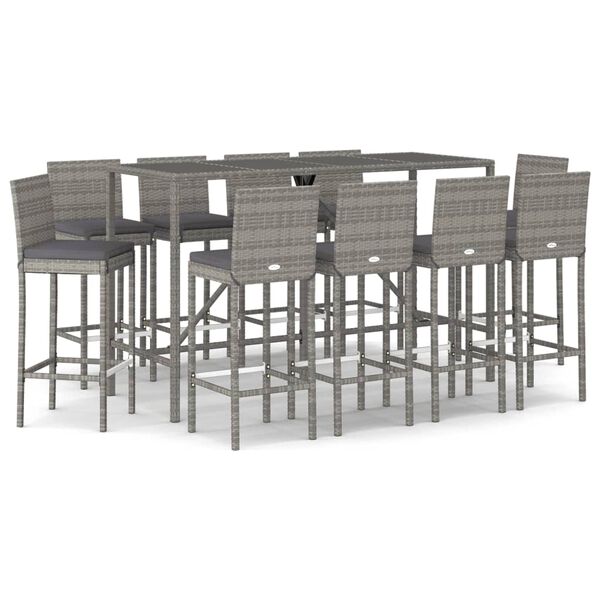 vidaXL 11 Piece Garden Bar Set with Cushions Grey Poly Rattan