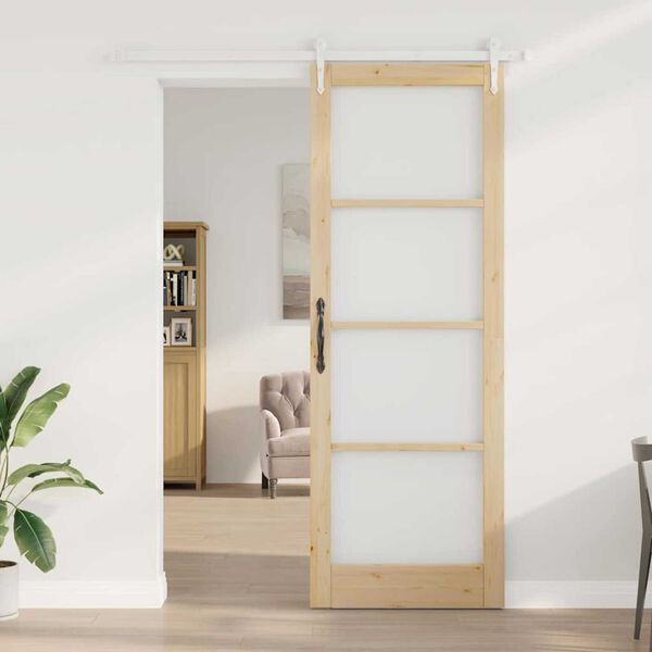 vidaXL Sliding Door Brown 83 x 232 cm Solid Pine Wood and Glass