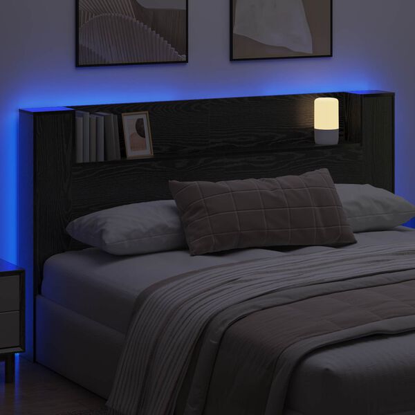 vidaXL Headboard Cabinet with LED Black Oak 180 x 16.5 x 103.5 cm