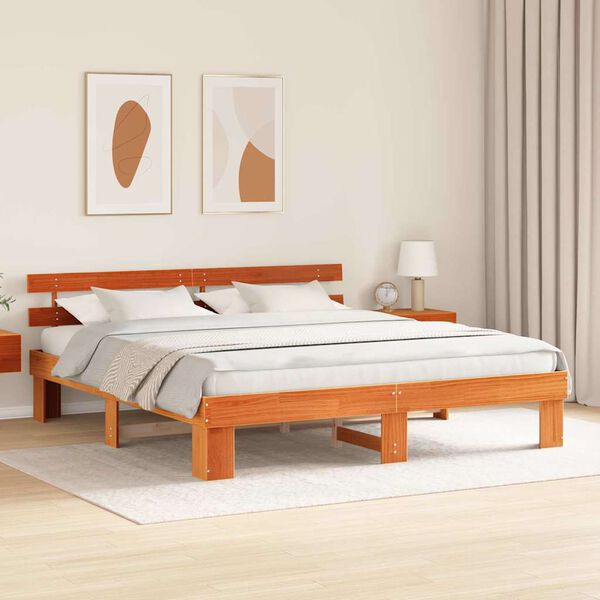 vidaXL Bed Frame with Headboard Wax Brown 200 x 200 cm Solid Pine Wood