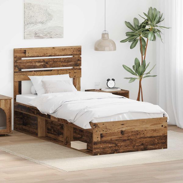 vidaXL Bed Frame with Headboard Old Wood 90 x 200 cm Solid Pine Wood