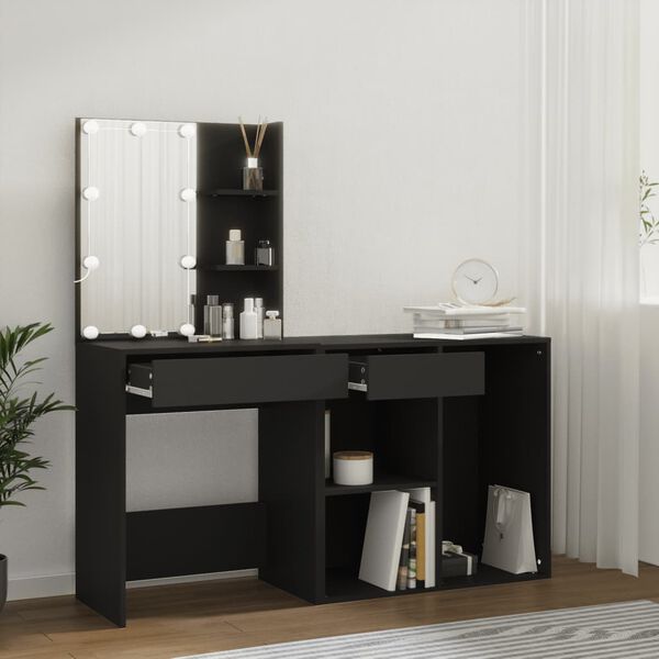 vidaXL LED Dressing Table with Cabinet Black Engineered Wood