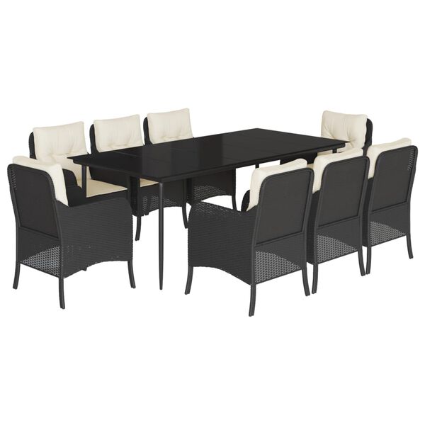 vidaXL 9 Piece Garden Dining Set with Cushions Black Poly Rattan