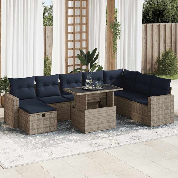 vidaXL 9 Piece Garden Sofa Set with Cushions Grey Poly Rattan