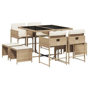vidaXL 9 Piece Garden Dining Set with Cushions Beige Poly Rattan