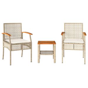 vidaXL 3 Piece Bistro Set with Cushions Beige Poly Rattan Acacia Wood