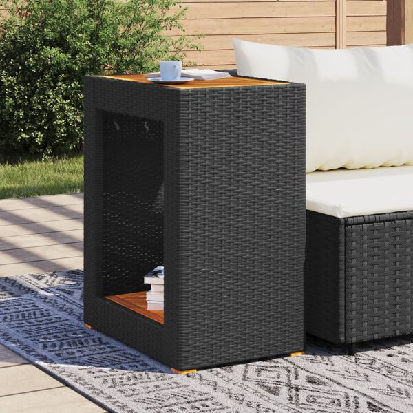 vidaXL Garden Side Table with Wooden Top Black 60x40x75 cm Poly Rattan