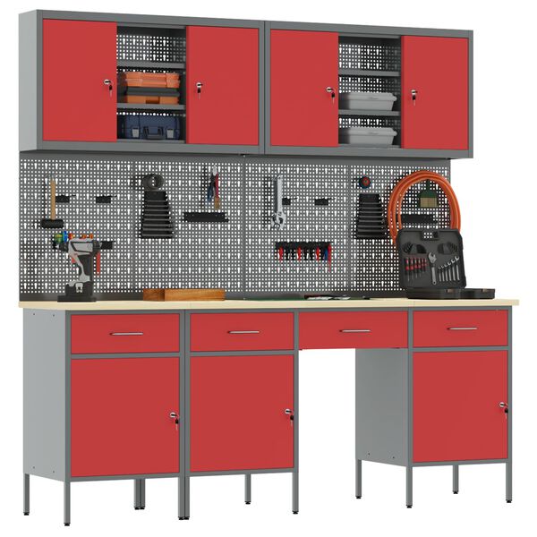 vidaXL Work Bench with Drawer 10 pcs Red 200 x 55 x 200 cm Steel