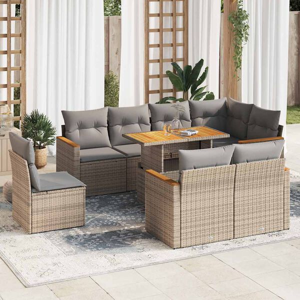 vidaXL 9 Piece Garden Sofa Set with Cushions Beige Poly Rattan Acacia
