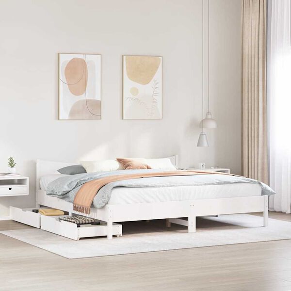 vidaXL Bed Frame with Drawers White 180x200 cm Super King Solid Wood Pine