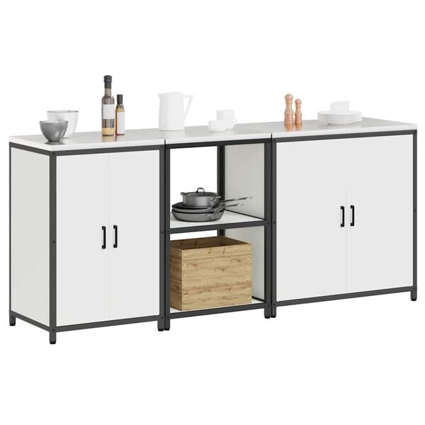 vidaXL Kitchen Storage Set with Shelf 3 pcs White Cold-rolled Steel