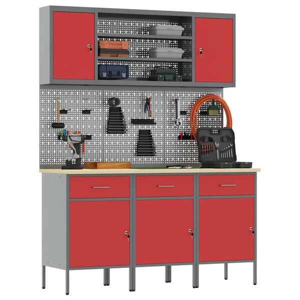 vidaXL Work Cabinet with Drawer 7 pcs Red Engineered Wood and Steel