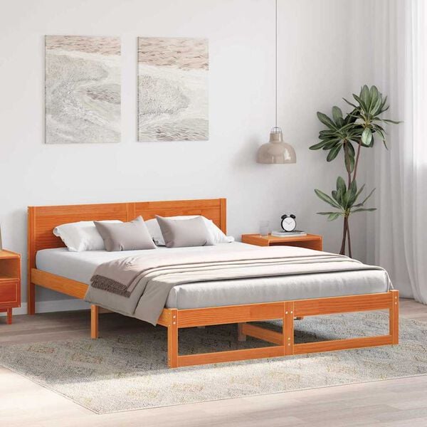 vidaXL Bed Frame with Headboard Wax Brown 140 x 200 cm Solid Pine Wood