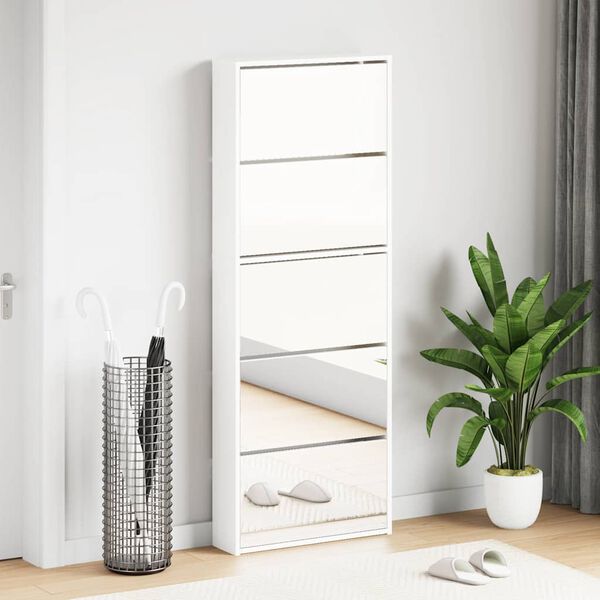 vidaXL Shoe Cabinet with Mirror 5-Layer High Gloss White 63x17x169.5 cm