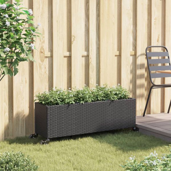 vidaXL Garden Planter with Wheels and 3 Pots Black 107x32x38 cm Poly Rattan