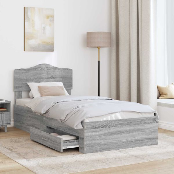 vidaXL Bed Frame with Drawer Grey Sonoma 100 x 200 cm Engineered Wood