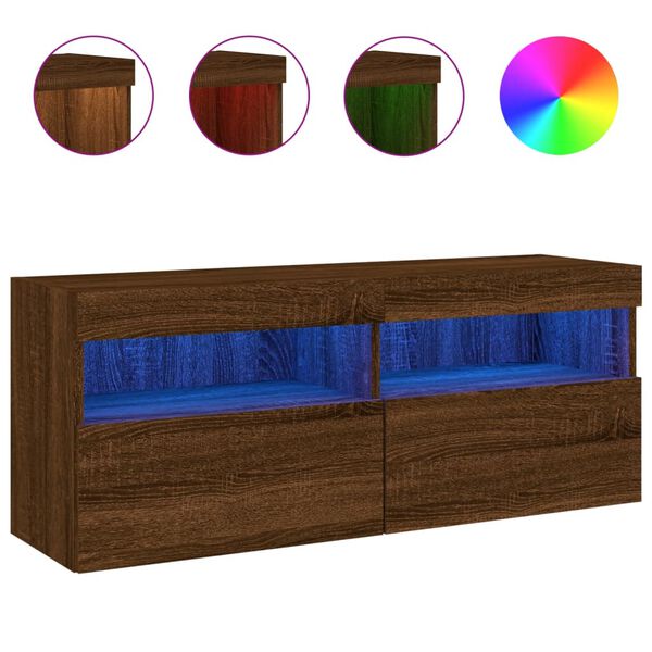 vidaXL TV Wall Cabinet with LED Lights Brown Oak 100x30x40 cm