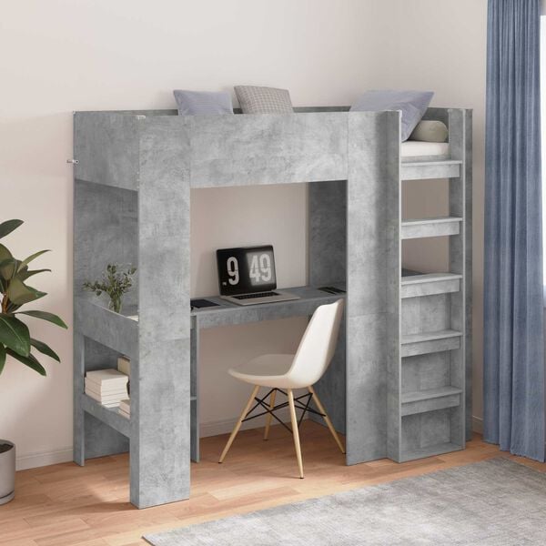 vidaXL Loft Bed Frame with Desk with Storage Concrete Grey 75 x 190 cm