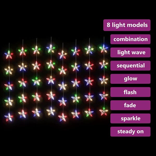 vidaXL LED Star Curtain Fairy Lights 200 LED Colourful 8 Function